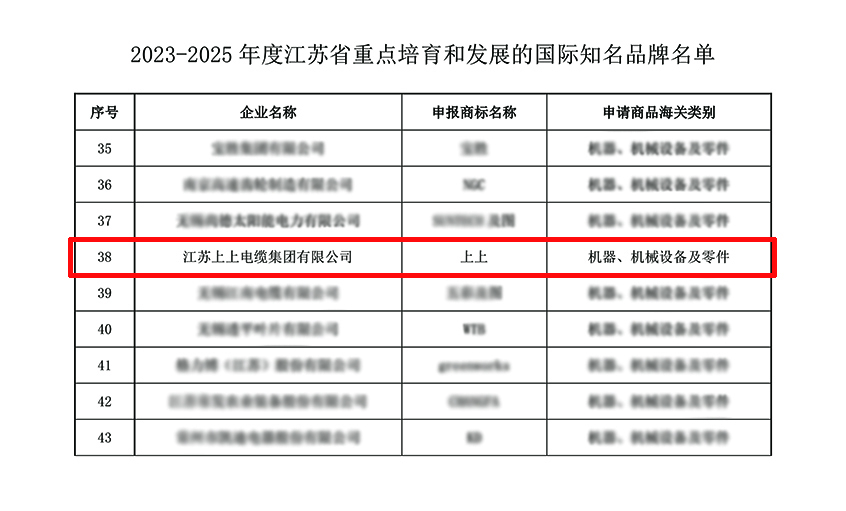 凯发k8国际电缆入选“2023-2025年度江苏省重点培育和生长的国际着名品牌”